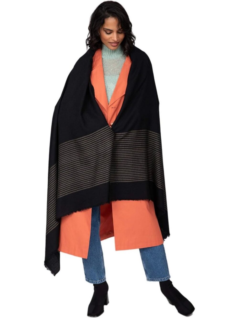 Cozy Merino Wool Pashmina Shawl Wrap - Oversized Striped Travel Blanket Scarf